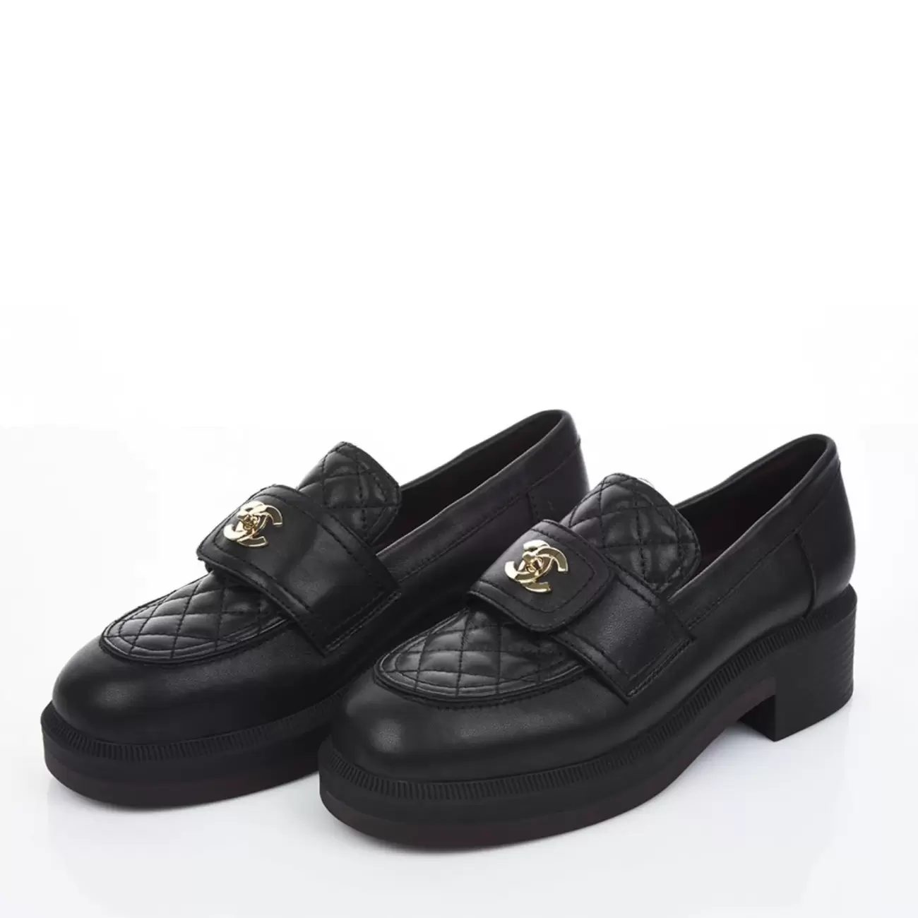 CHANEL Leather Quilted Tab Turn Lock CC Loafers Moccasin Flat Shoes Black