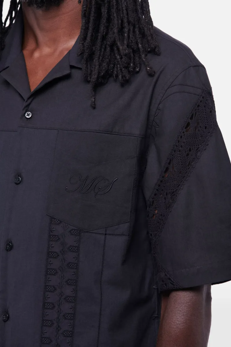 HOUSEHOLD LINEN BOWLING SHIRT IN BLACK