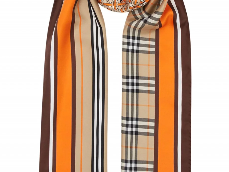 monogram Icon stripe and check print silk scarf