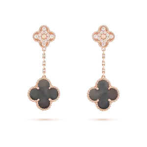 Magic Alhambra earrings, 2 motifs pink gold, gray mother-of-pearl, round diamonds