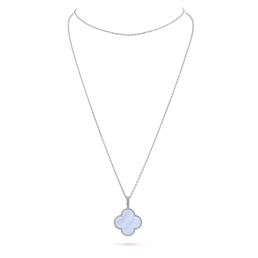 Magic Alhambra long necklace, 1 motif 18K white gold and chalcedony