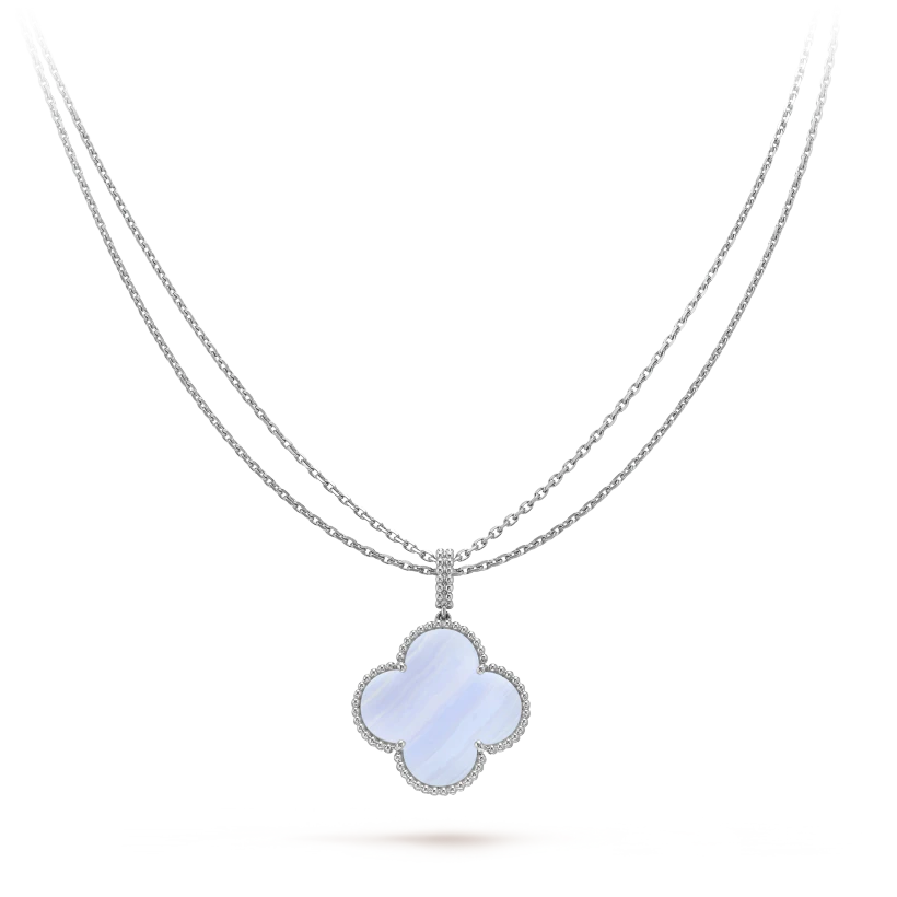 Magic Alhambra long necklace, 1 motif 18K white gold and chalcedony