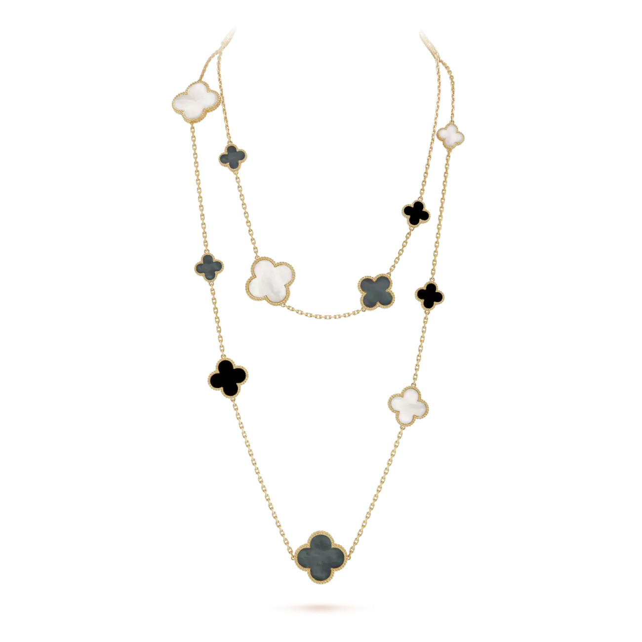 Magic Alhambra long necklace, 16 motifs yellow gold, white and gray mother-of-pearl