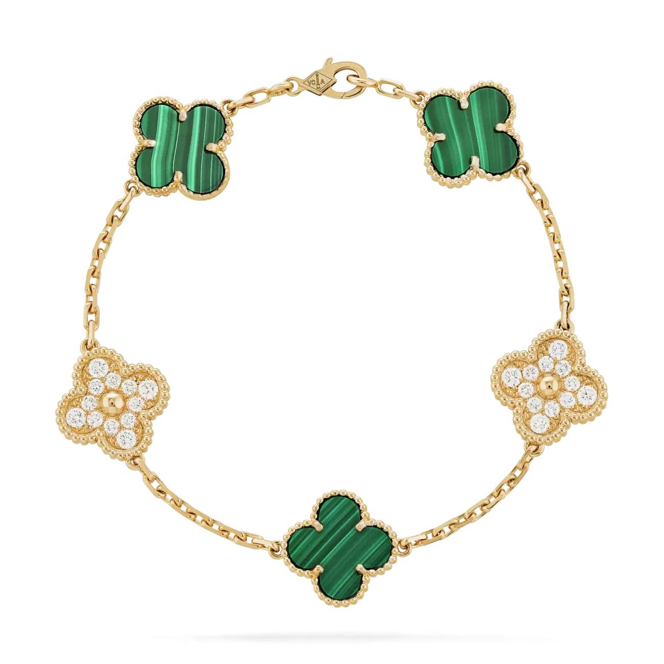 Vintage Alhambra bracelet, 5 motifs yellow gold, diamonds and malachites