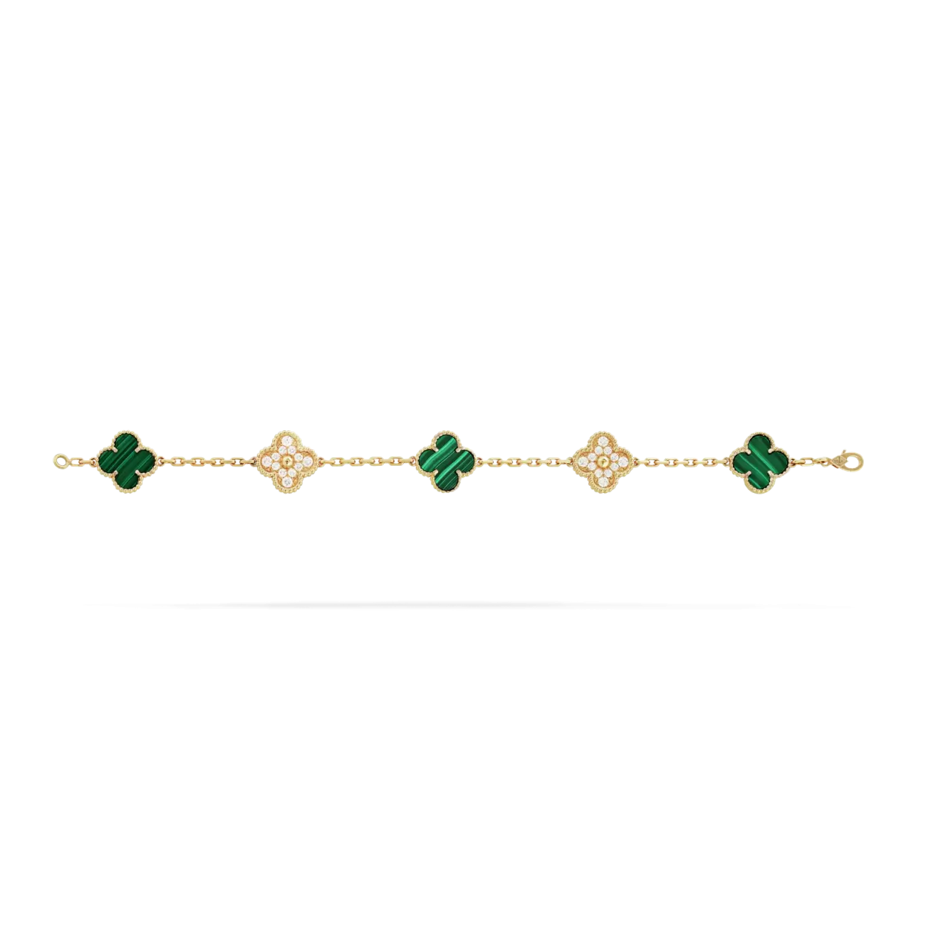 Vintage Alhambra bracelet, 5 motifs yellow gold, diamonds and malachites