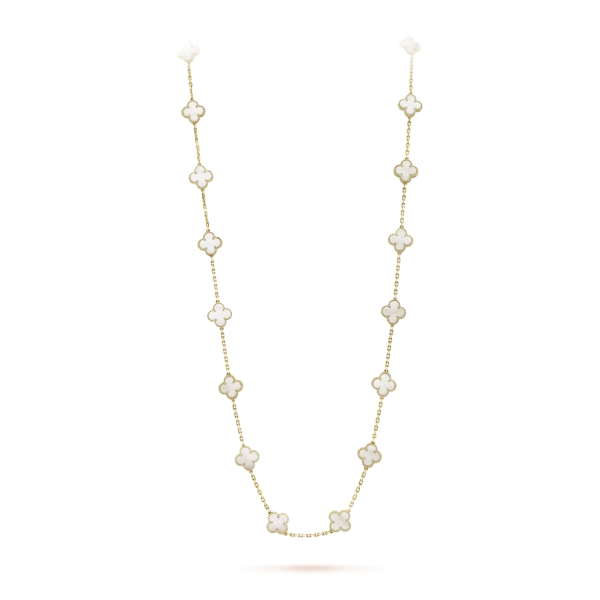 Vintage Alhambra long necklace, 20 motifs yellow gold, white mother-of-pearl