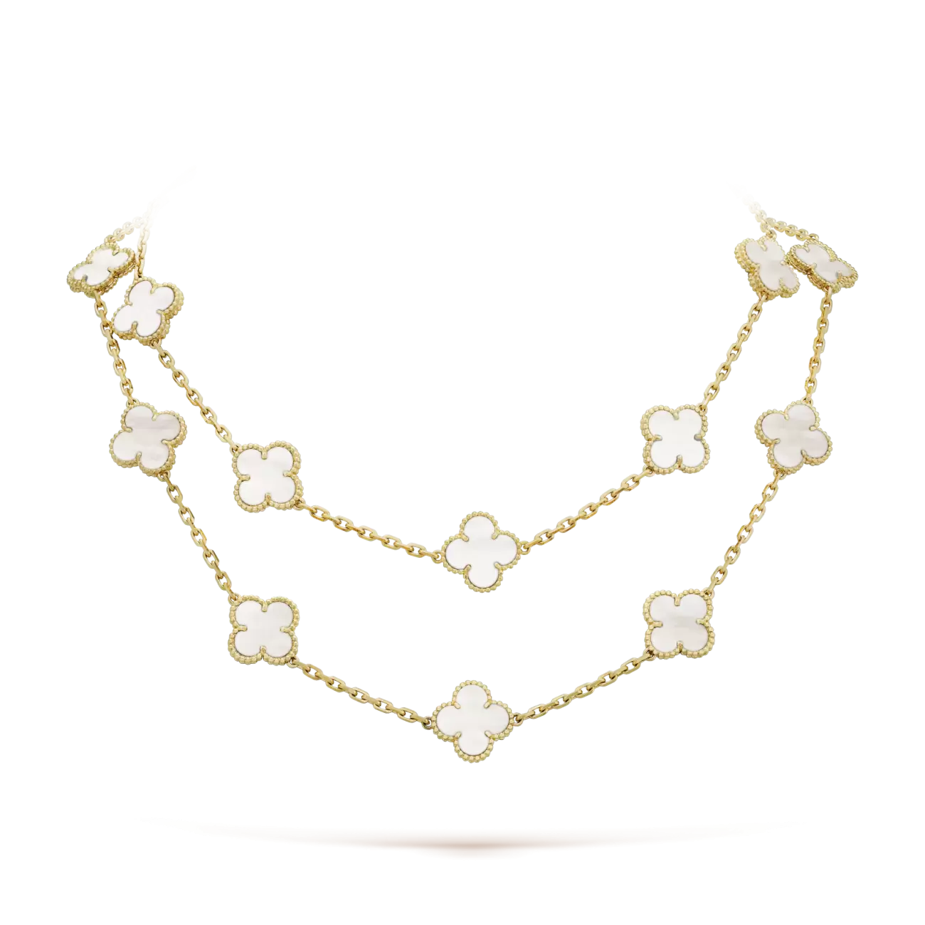 Vintage Alhambra long necklace, 20 motifs yellow gold, white mother-of-pearl