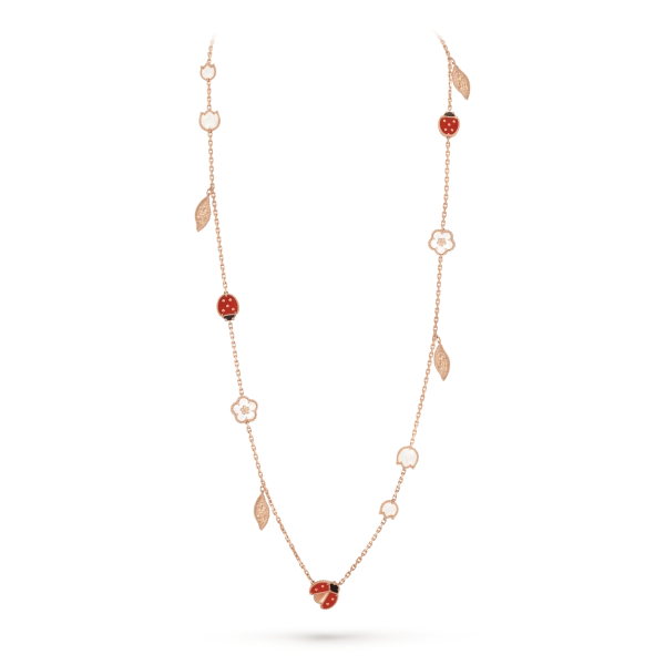 Lucky Spring long necklace, 15 motifs  pink gold, onyx, mother-of-pearl, carnelian