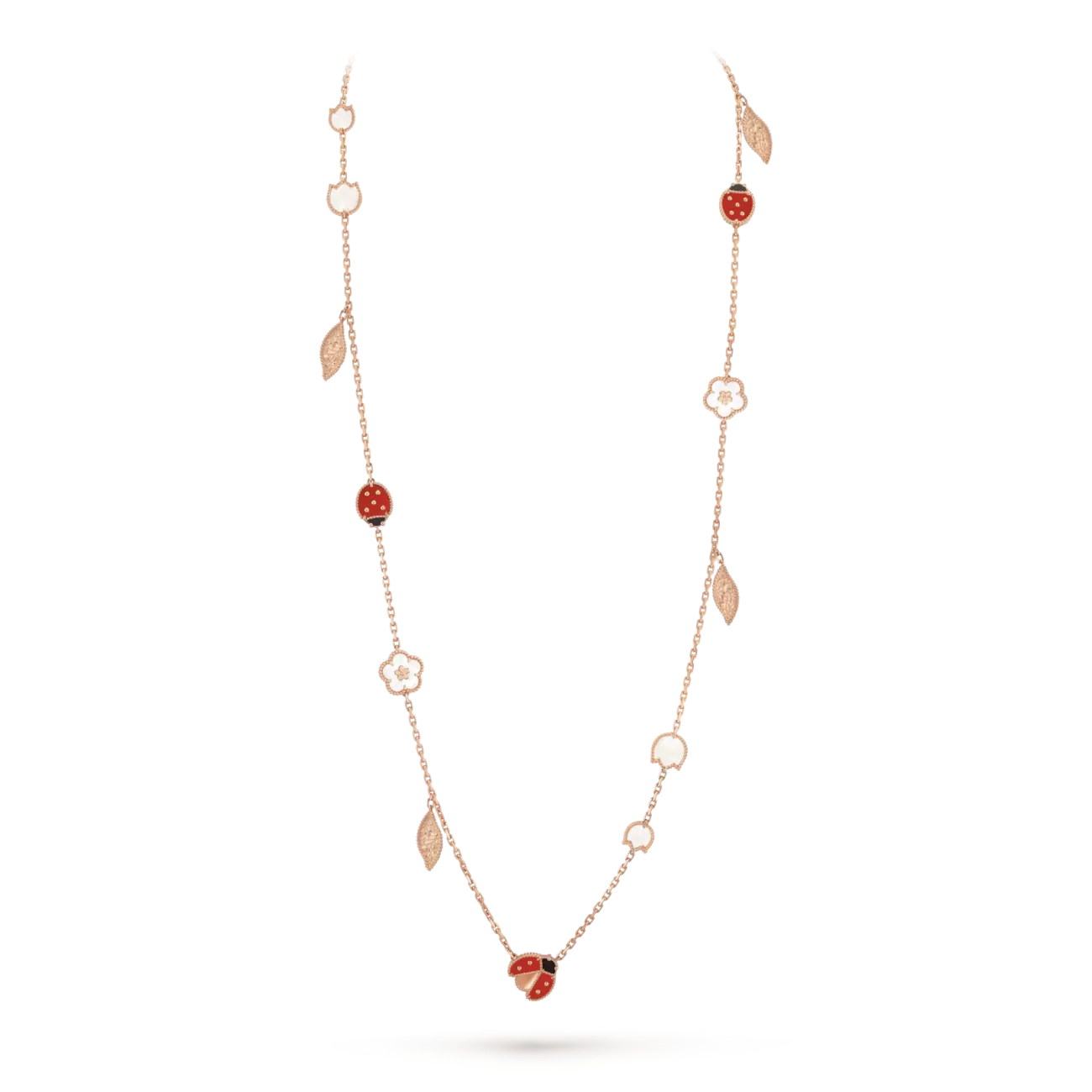 Lucky Spring long necklace, 15 motifs  pink gold, onyx, mother-of-pearl, carnelian