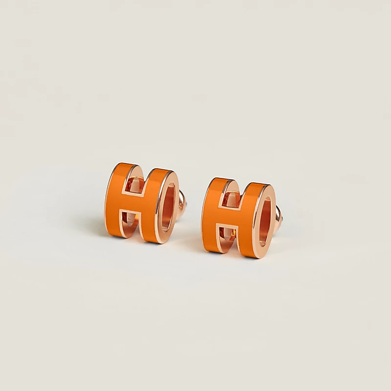 Hermes Mini Pop H Earring Rose Gold & Orange Soie