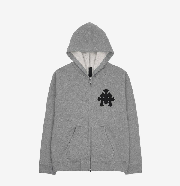 Chrome Hearts Cross Leather Patch Zip Up Hoodie Gray