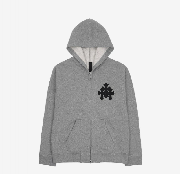 Chrome Hearts Cross Leather Patch Zip-Up Hoodie Gray