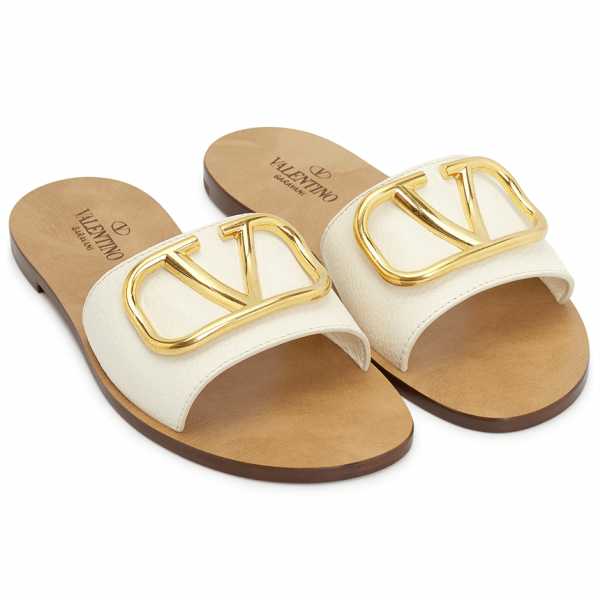 Valentino Calfskin Point Vlogo Signature Slide Sandal Ivory Women's