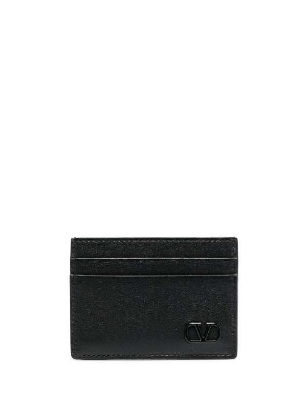 V Logo Embellished Leather Card Holder