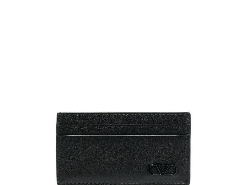 V Logo Embellished Leather Card Holder