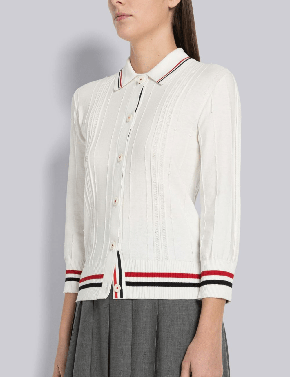 HIGH TWIST COTTON CRICKET STRIPE POLO CARDIGAN