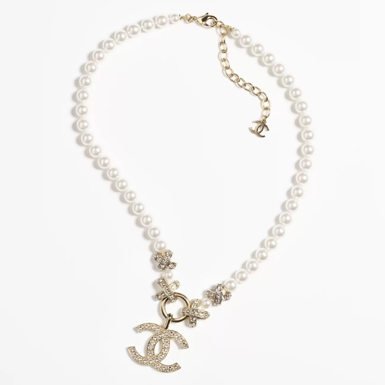  Chanel Necklace Metal Glass Pearls Resin & Gold Pearly White Crystal