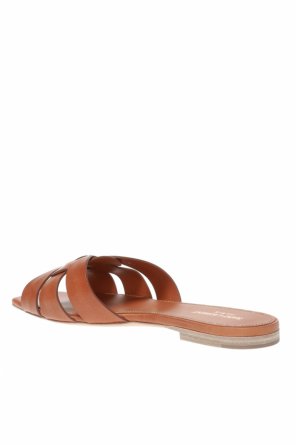 SAINT LAURENT BROWN ‘TRIBUTE’ LEATHER SLIDES