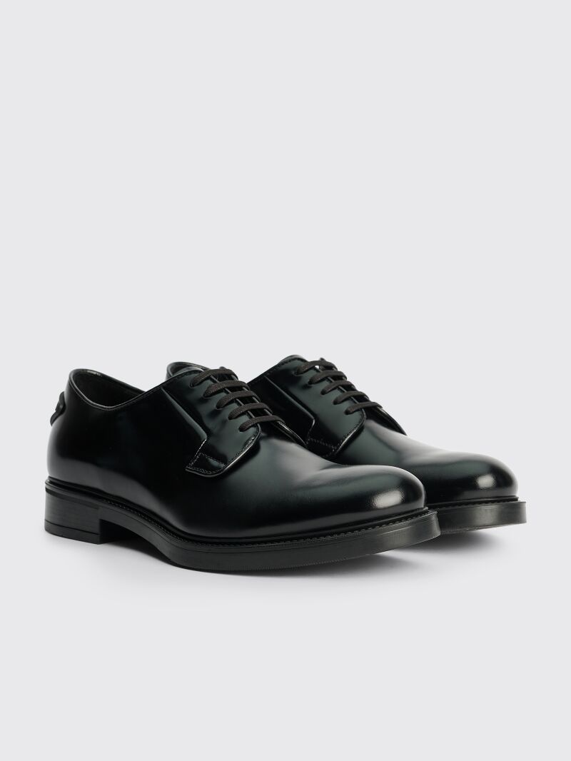 PRADA HEEL LOGO LEATHER DERBY SHOES BLACK