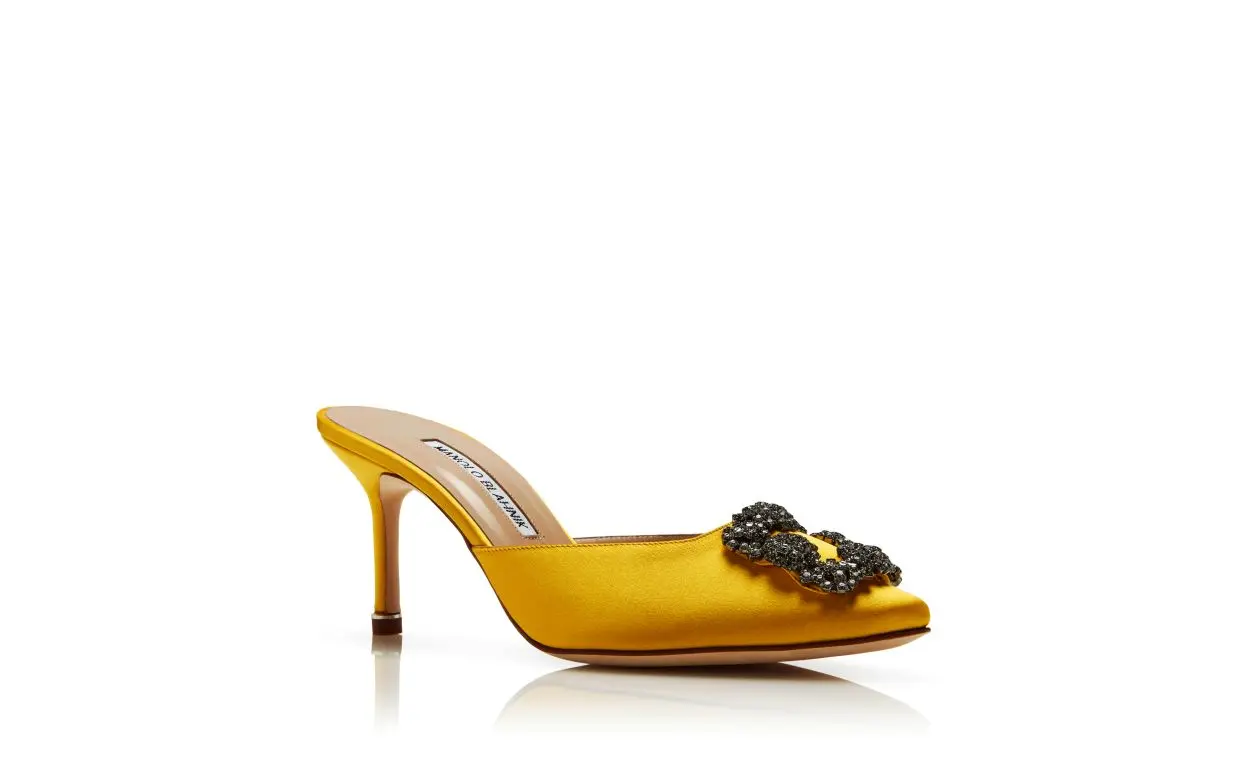 HANGISIMU Yellow Satin Jewel Buckle Mules