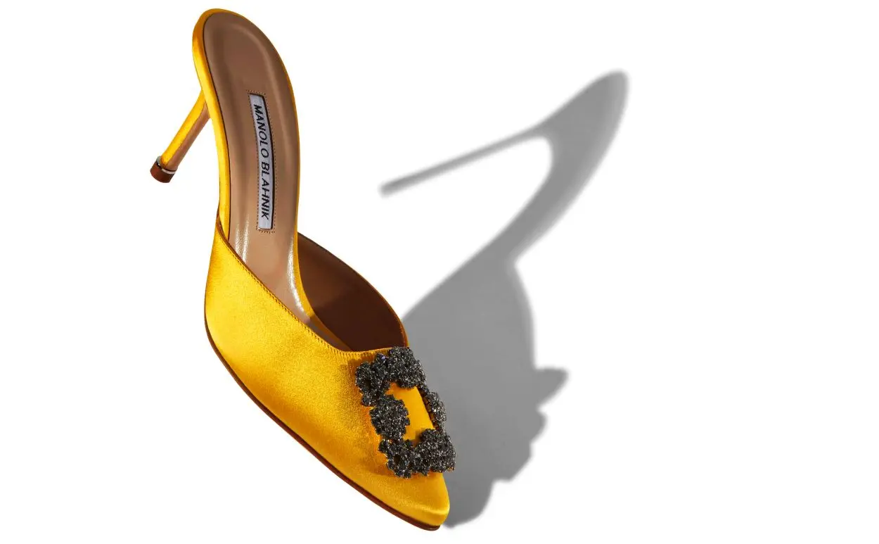HANGISIMU Yellow Satin Jewel Buckle Mules