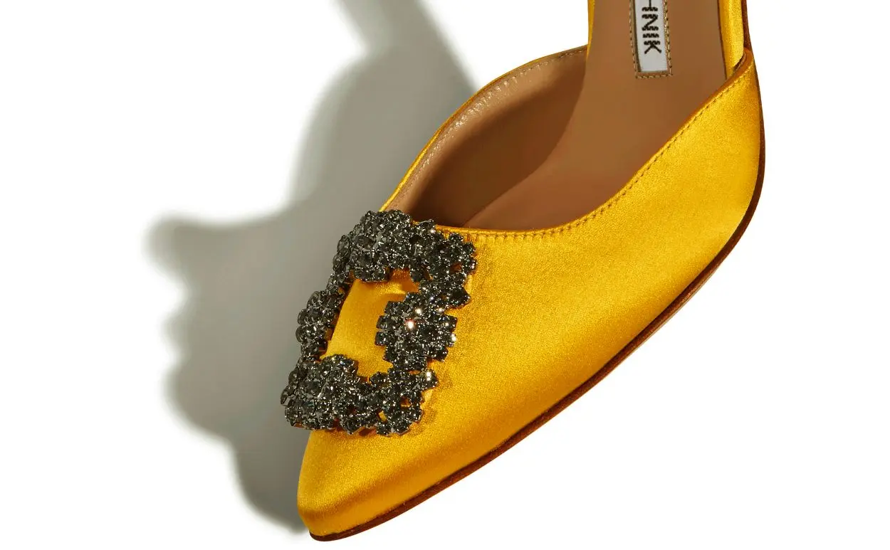 HANGISIMU Yellow Satin Jewel Buckle Mules