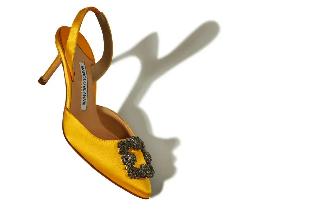 Yellow Satin Jewel Buckle Slingback Pumps