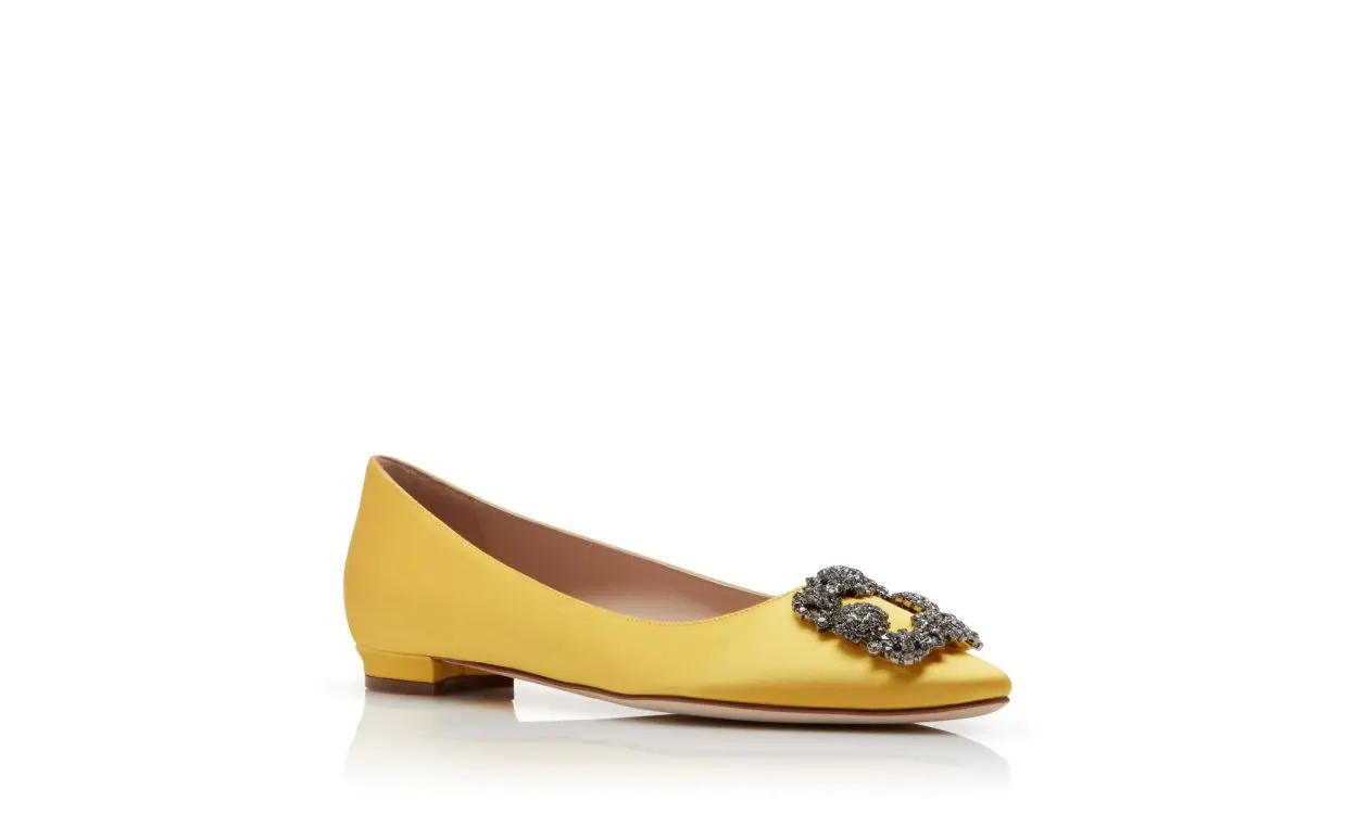  Yellow Satin Jewel Buckle Flat Shoes