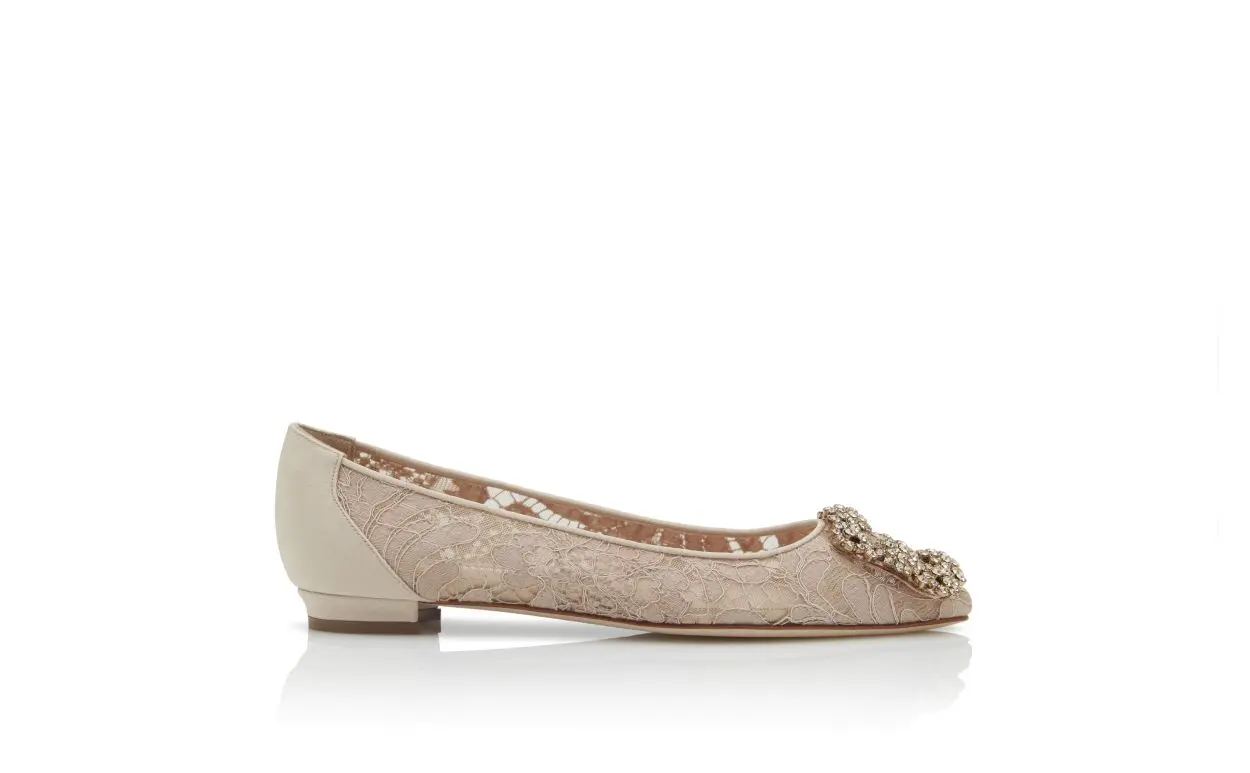 Pink Champagne Lace Jewel Buckle Flat Shoes