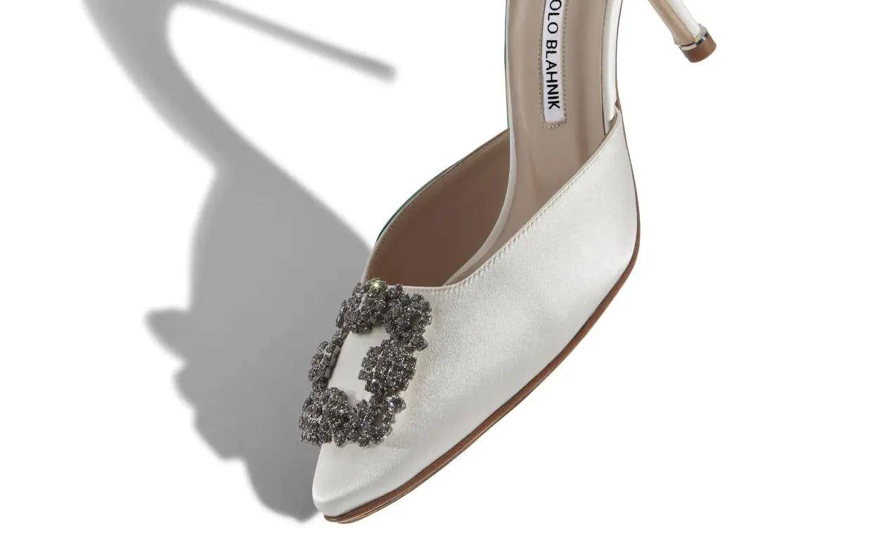 Off-White Satin Jewel Buckle Mules