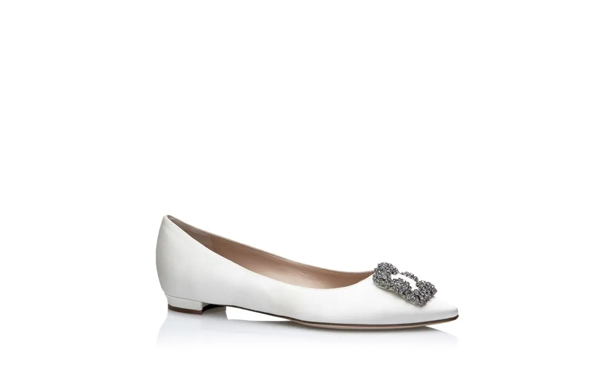 White Satin Jewel Buckle Flats