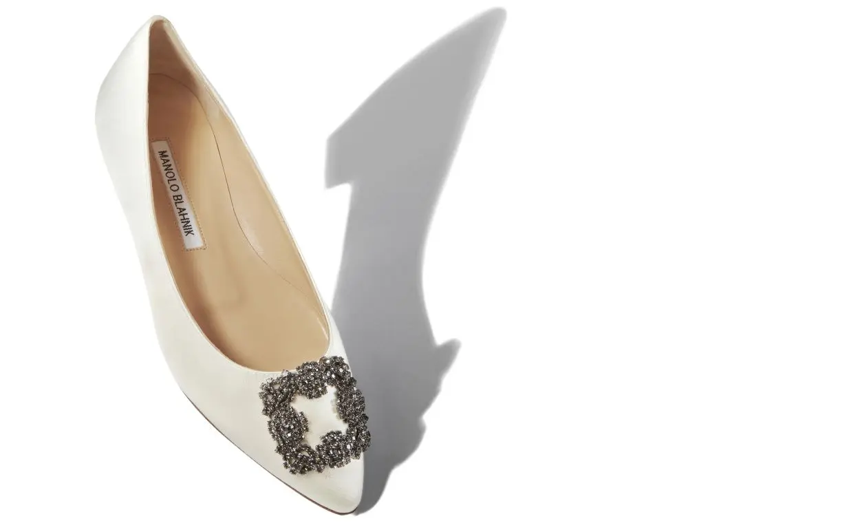 White Satin Jewel Buckle Flats