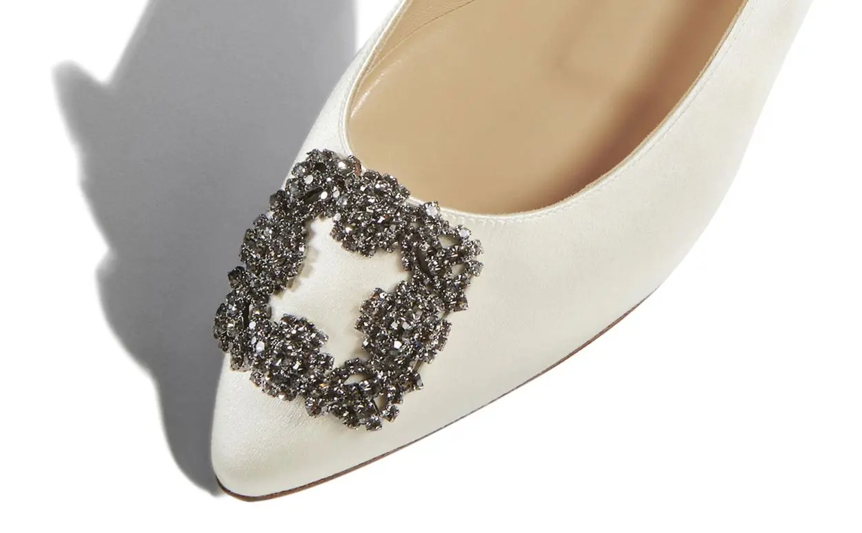 White Satin Jewel Buckle Flats