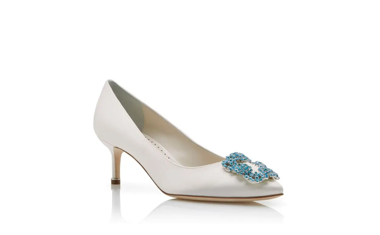 White Satin Jewel Buckle Pumps