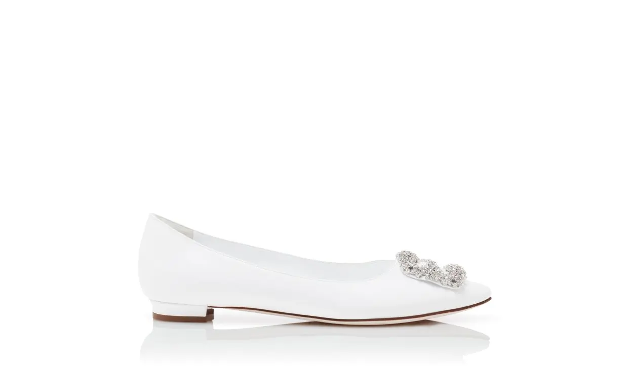 HANGISIFLAT White Calf Leather Jewel Buckle Flat Shoes