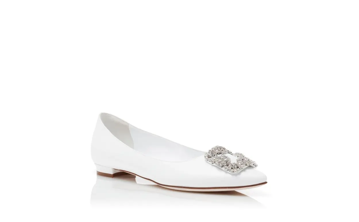 HANGISIFLAT White Calf Leather Jewel Buckle Flat Shoes