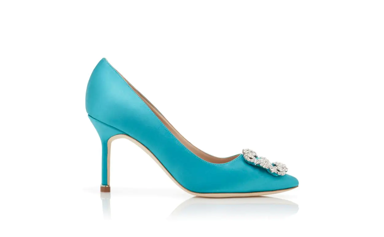 HANGISI 90 Turquoise Satin Jewel Buckle Pumps