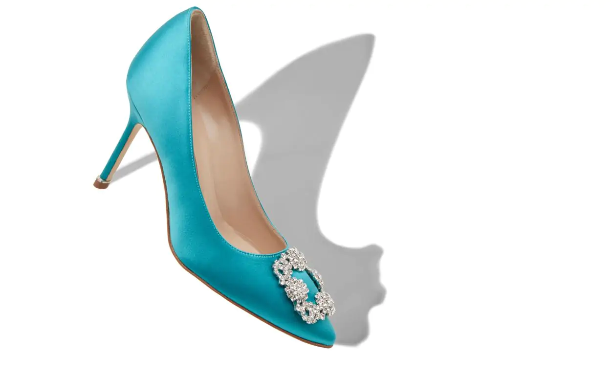 HANGISI 90 Turquoise Satin Jewel Buckle Pumps