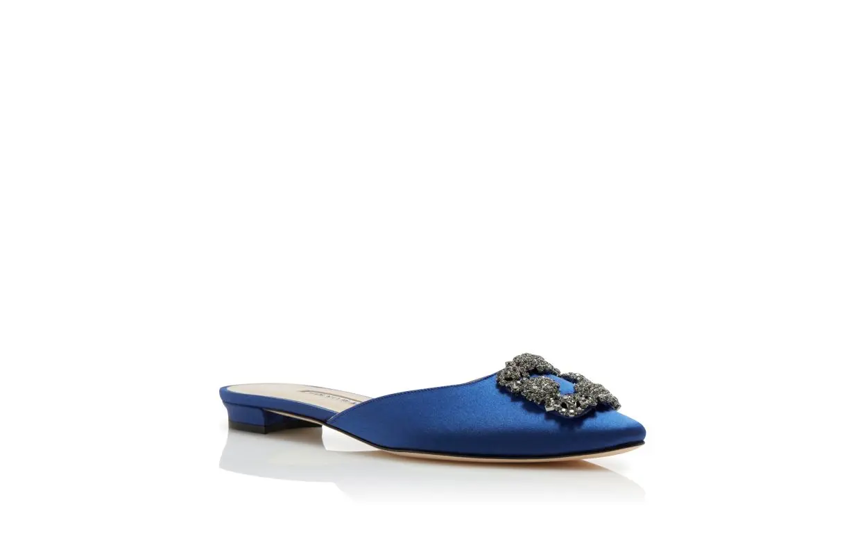 HANGISIMUFLAT Blue Satin Jewel Buckle Flat Mules