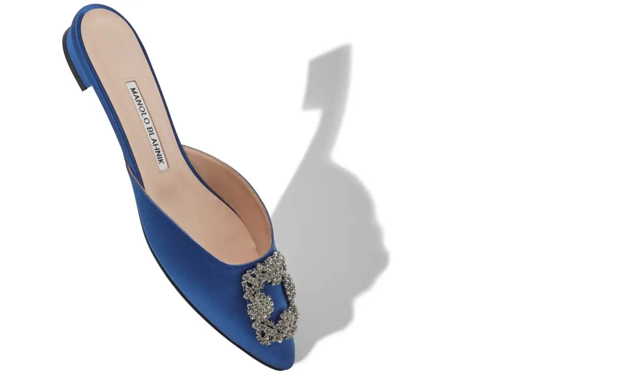 HANGISIMUFLAT Blue Satin Jewel Buckle Flat Mules