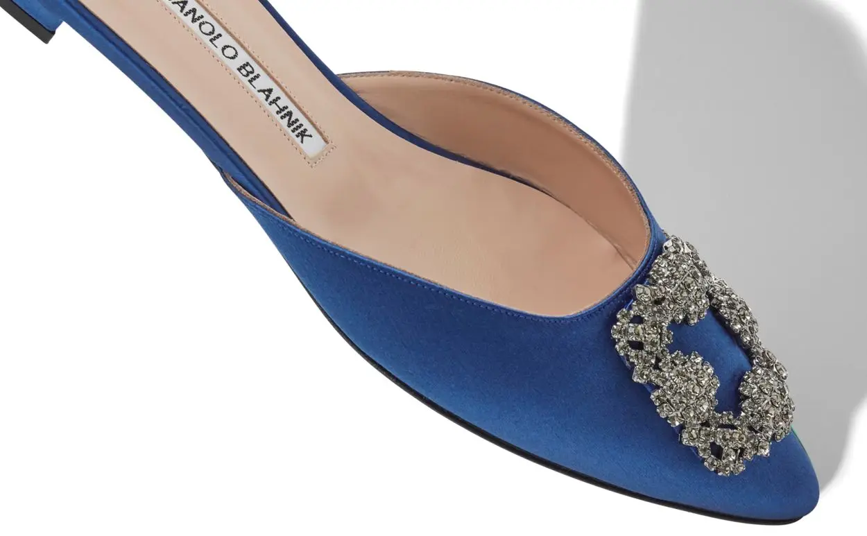 HANGISIMUFLAT Blue Satin Jewel Buckle Flat Mules