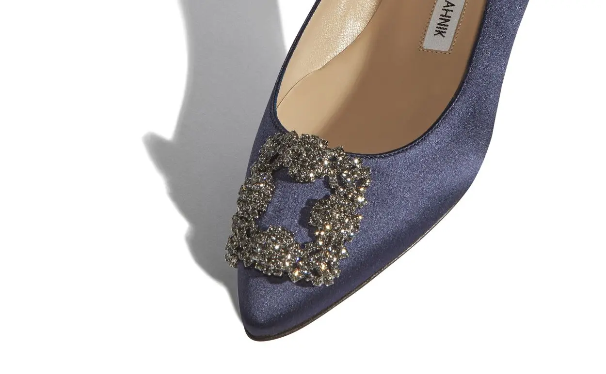 HANGISIFLAT Navy Satin Jewel Buckle Flat Shoes