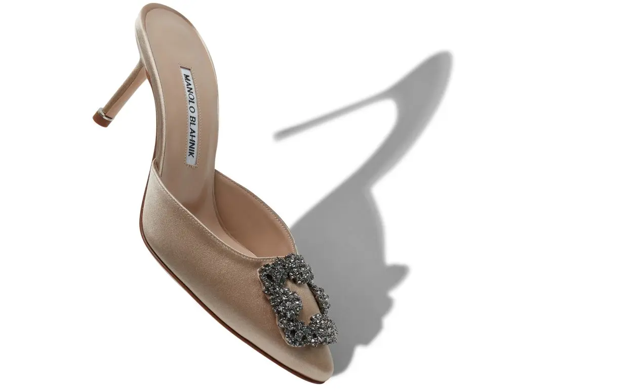 HANGISIMU Light Beige Satin Jewel Buckle Mules