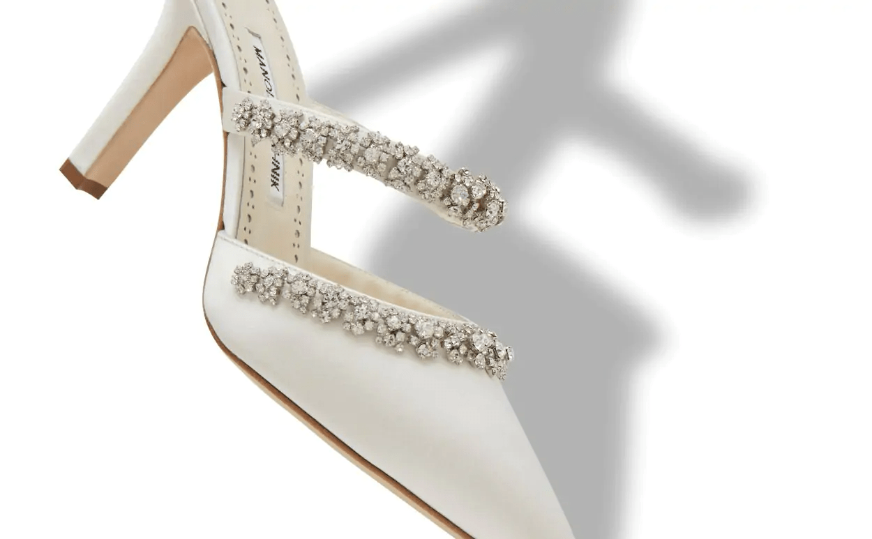 VEDADAMU CREAM SATIN CRYSTAL EMBELLISHED MULES 