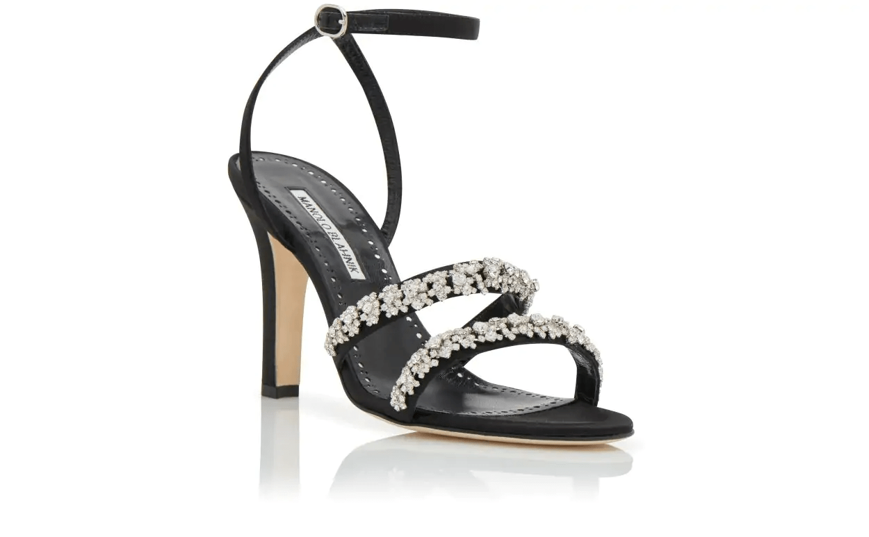 VEDADA BLACK SATIN CRYSTAL EMBELLISHED SANDALS 