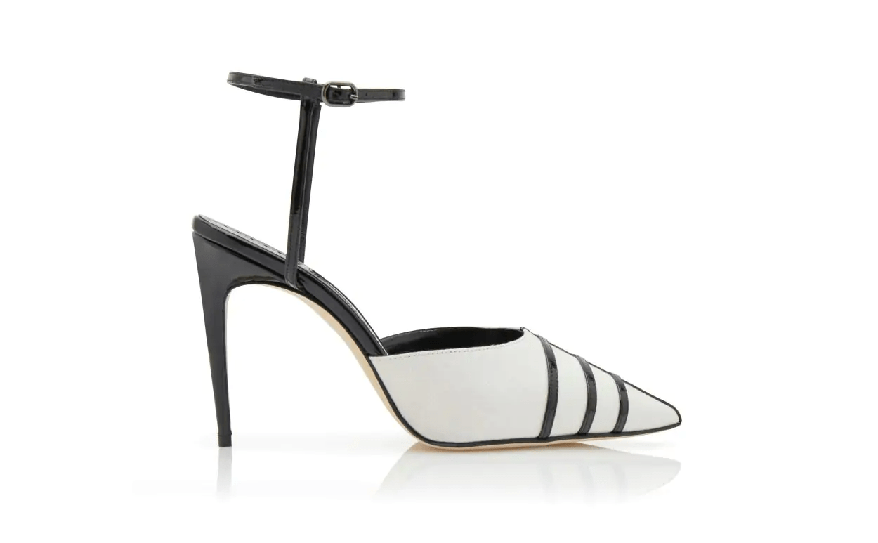 CETRO CREAM AND BLACK LINEN ANKLE STRAP PUMPS