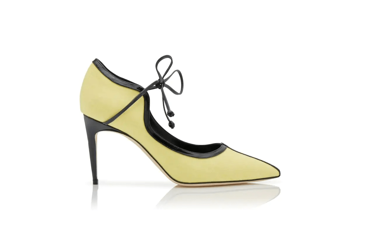 JANIX YELLOW AND BLACK LINEN SCALLOPED PUMPS