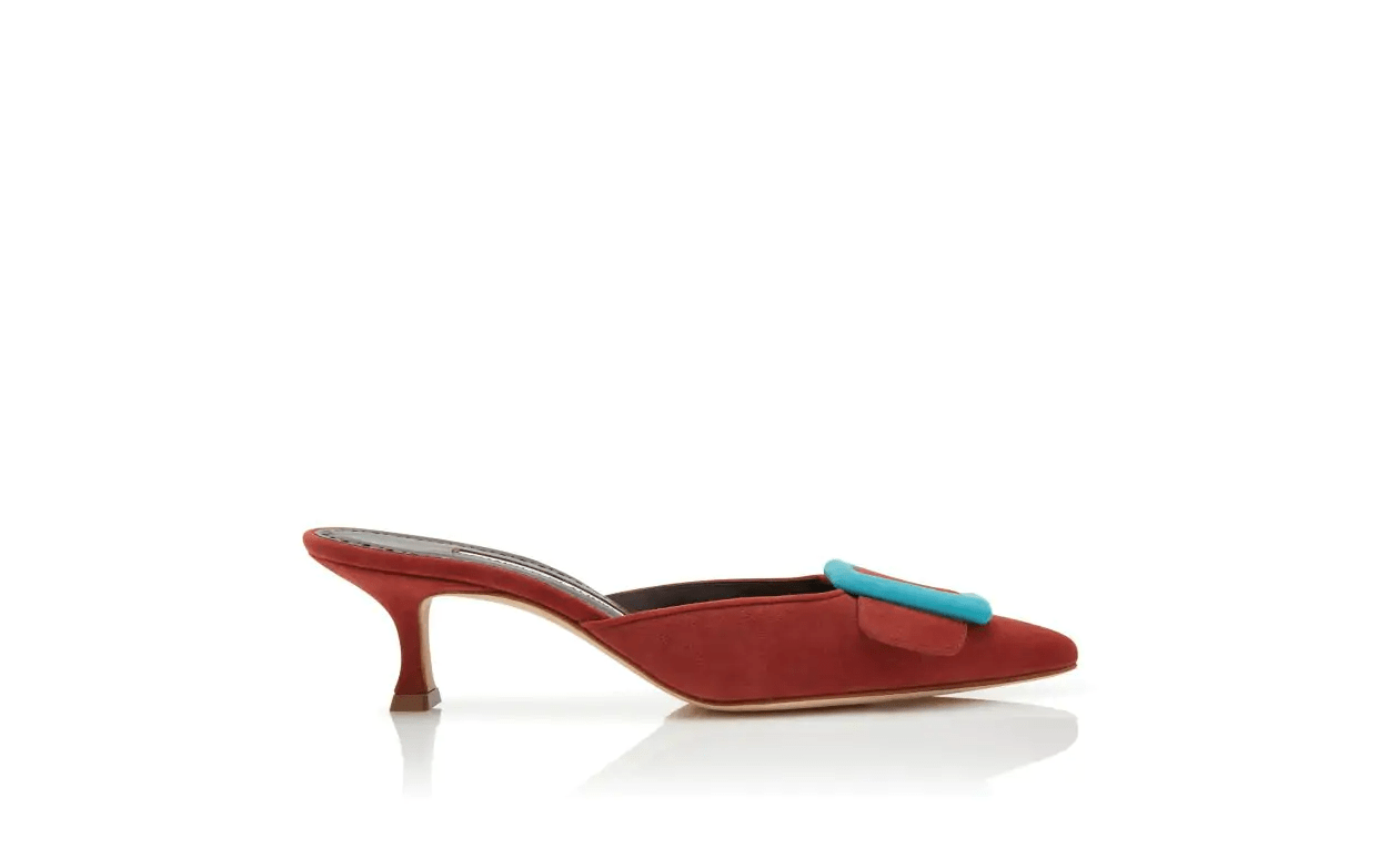 MAYSALEBI RED AND LIGHT BLUE SUEDE BUCKLE MULES 