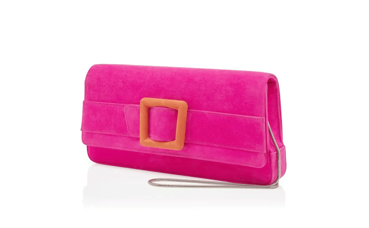 MAYGOT BRIGHT PINK AND ORANGE SUEDE BUCKLE CLUTCH