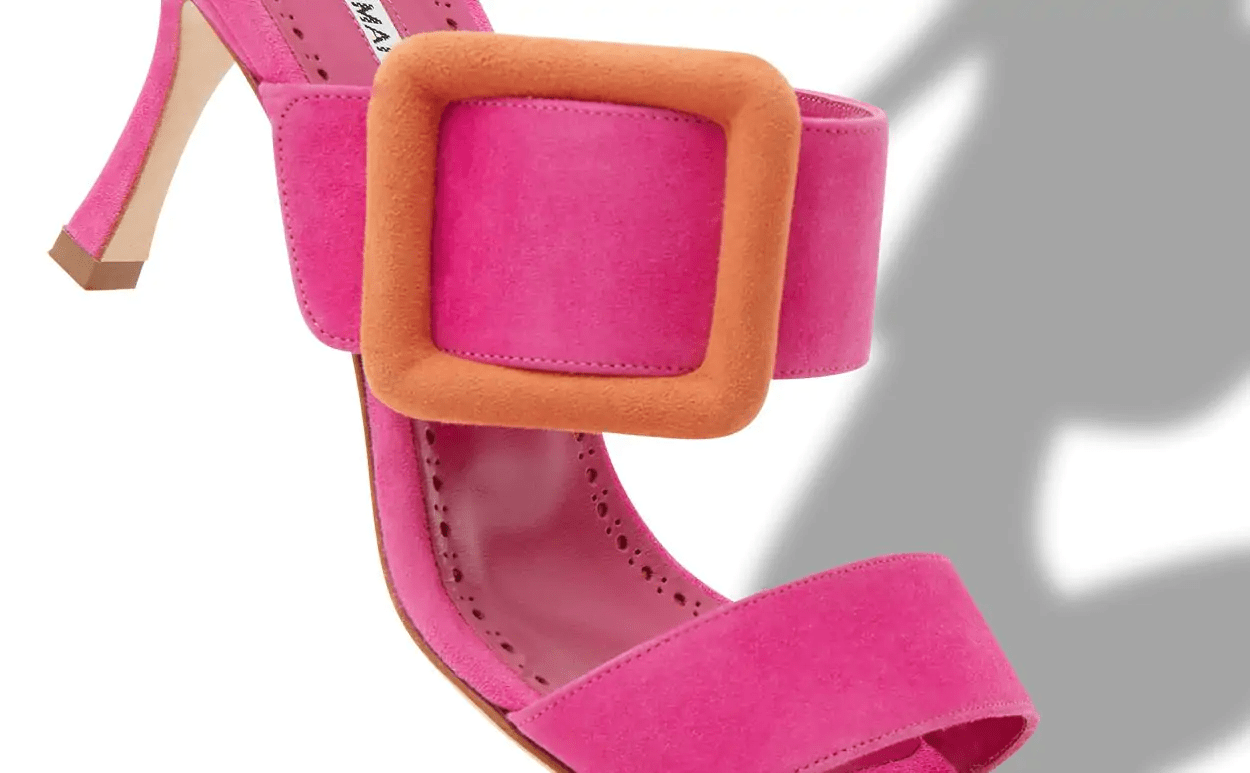 GABLE BRIGHT PINK AND ORANGE SUEDE BUCKLE STRAPPY MULES